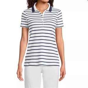 Lands' End Women's White and Navy Striped Polo Shirt.  NWT
